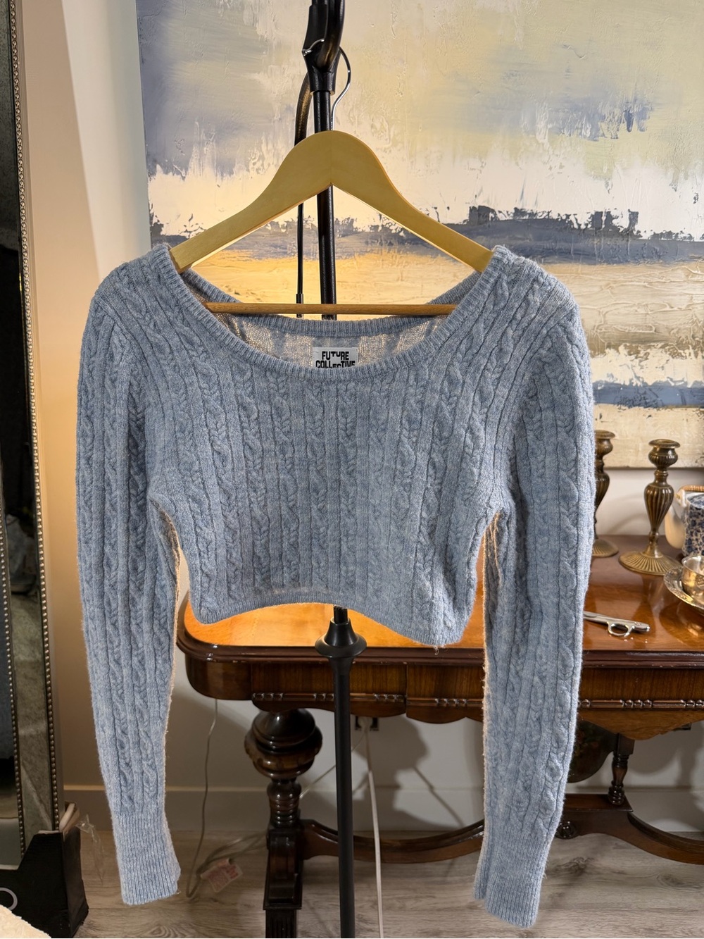 Light Blue Cable Knit Cropped Sweater